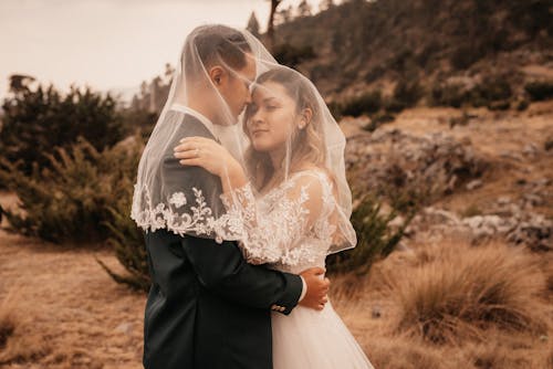 Newlywed Couple under Veil Posing in Landscape