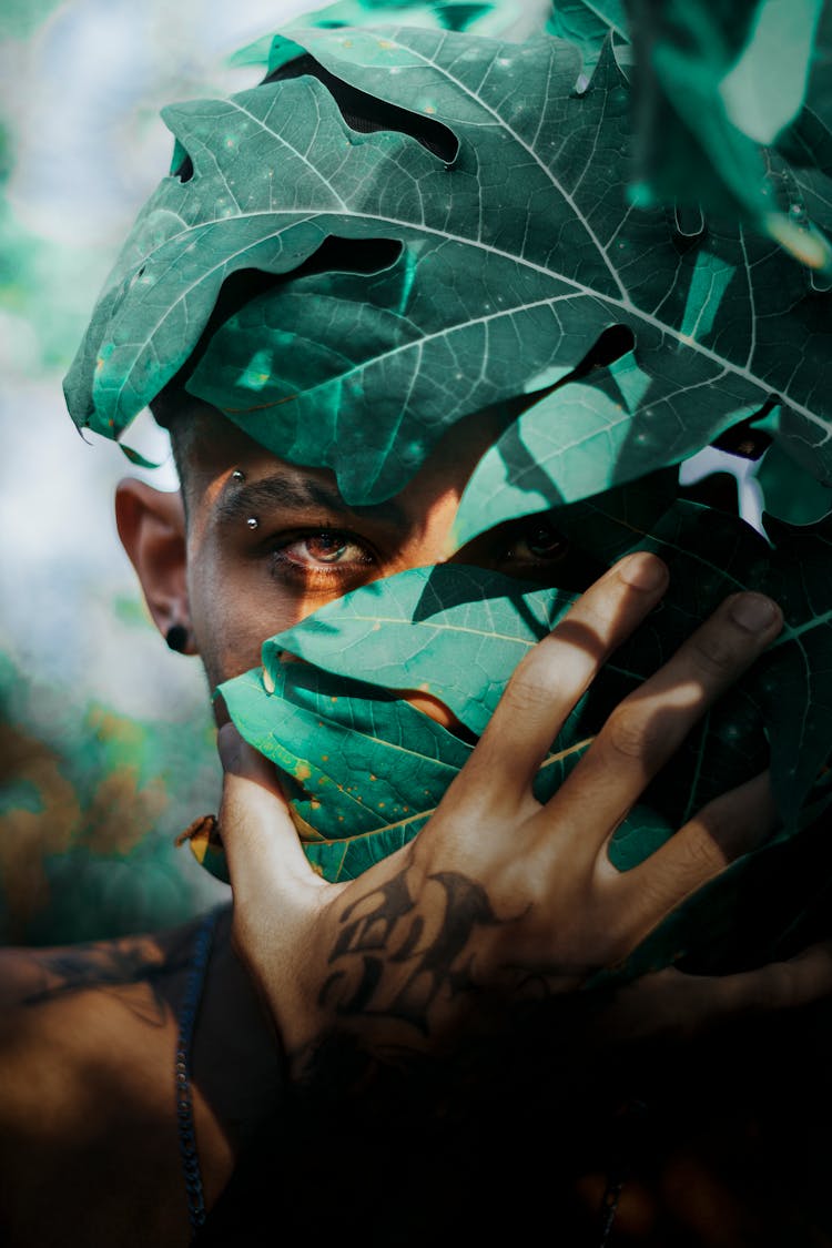 Young Man Hiding Face Behind Green Leaf