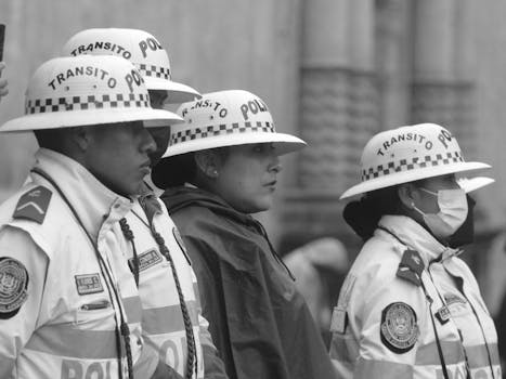 Police officers in uniform standing outdoors, ensuring traffic order.