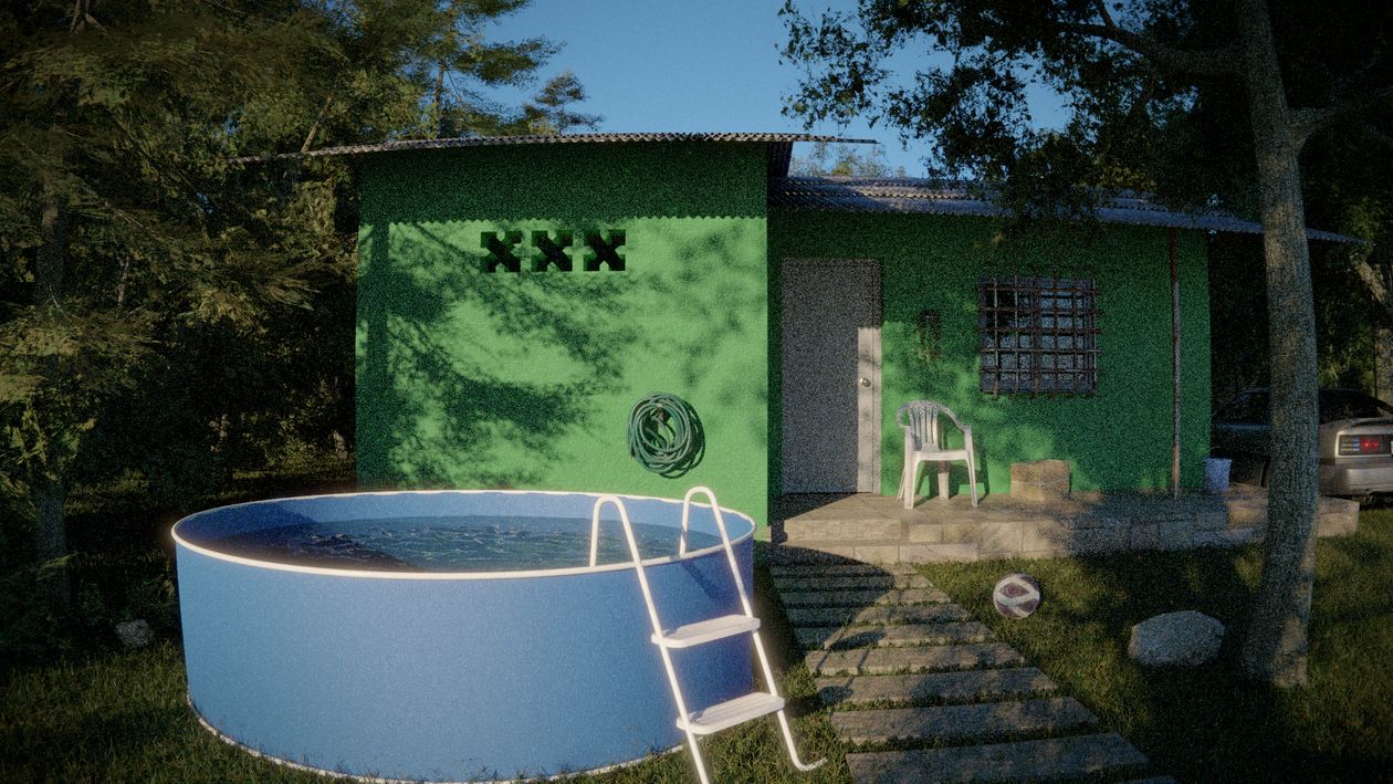 Piscina redonda elevada instalada em um quintal diante de uma casa verde