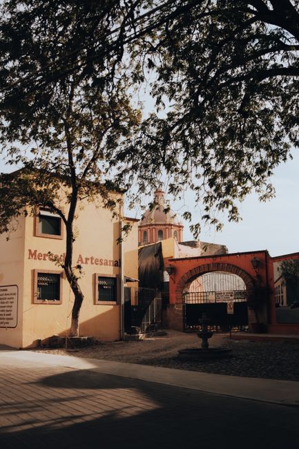 Charming view of Mercado Artesanal in Tequisquiapan, Mexico with tree and sunlight.