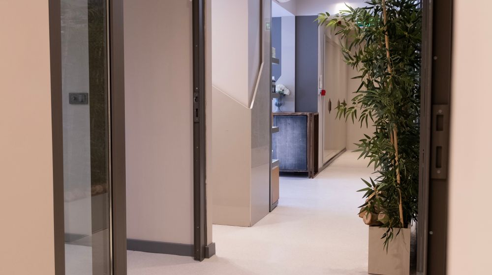 Clinic corridor with glass doors