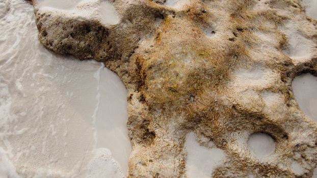 Detailed view of rocky coast and seawater interaction showcasing natural textures.