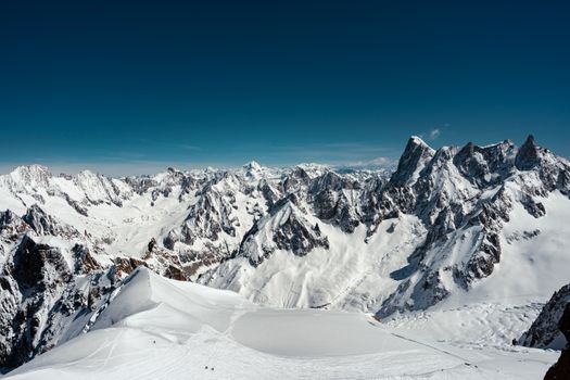 A breathtaking view of snow-covered mountain peaks under a clear blue sky, showcasing winter's beauty.