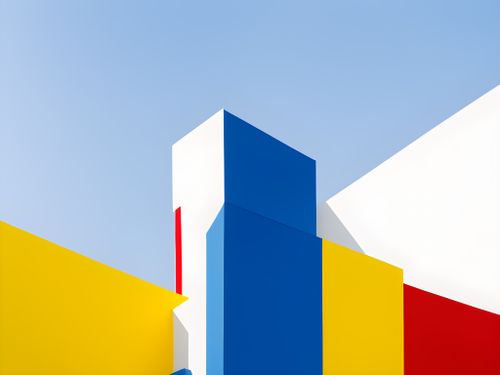 Free Colorful geometric building structures with a blue sky background, featuring bold primary colors. Stock Photo