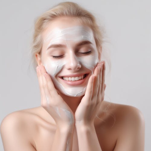 Beauty portrait, blonde woman applying cosmetics face mask on face