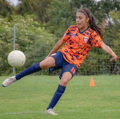 Free Young female soccer player in action on field, showcasing her skills and concentration. Stock Photo