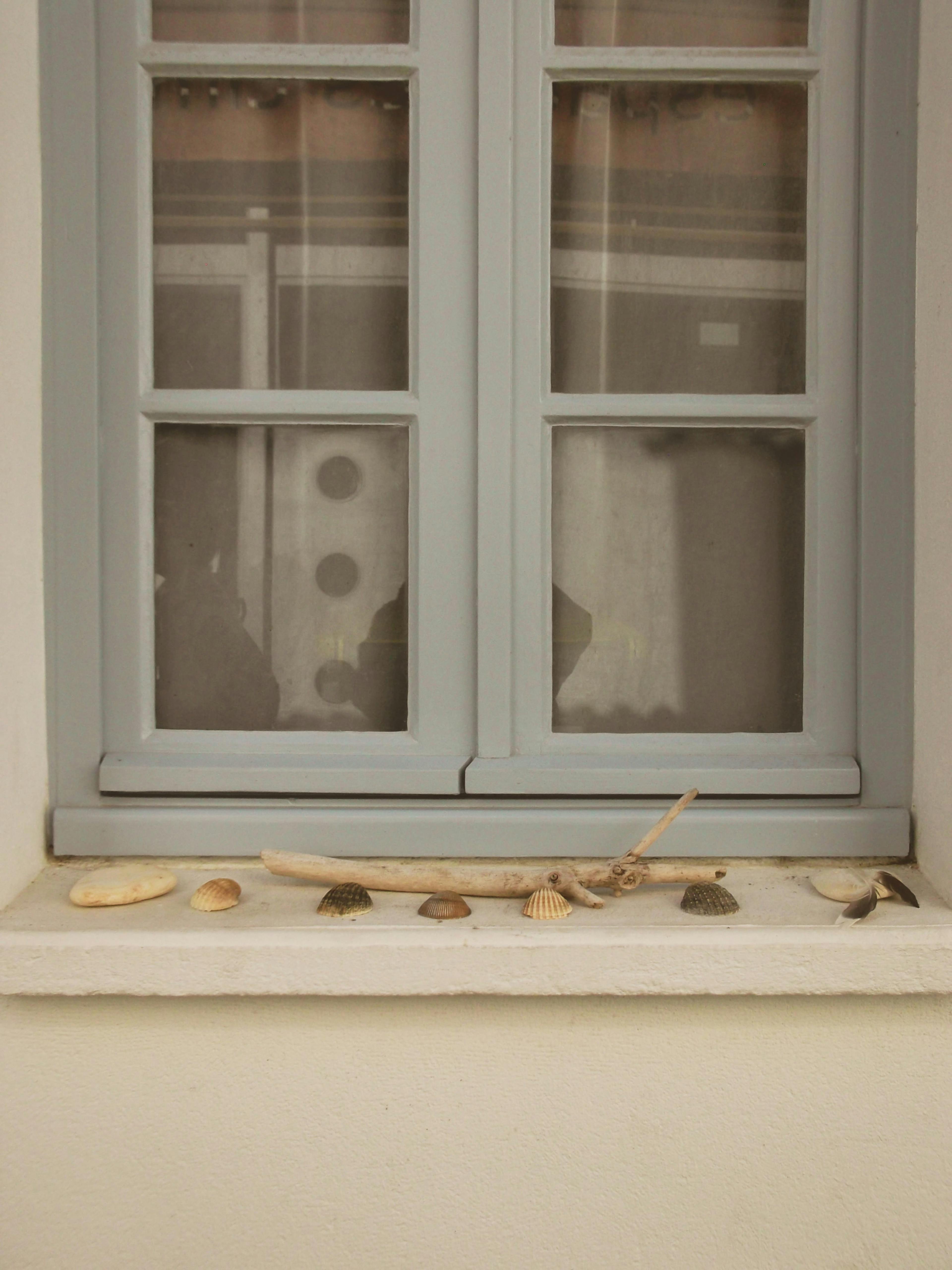 A rustic window in Saint-Denis-d'Oléron adorned with seashells, evoking a coastal French charm.