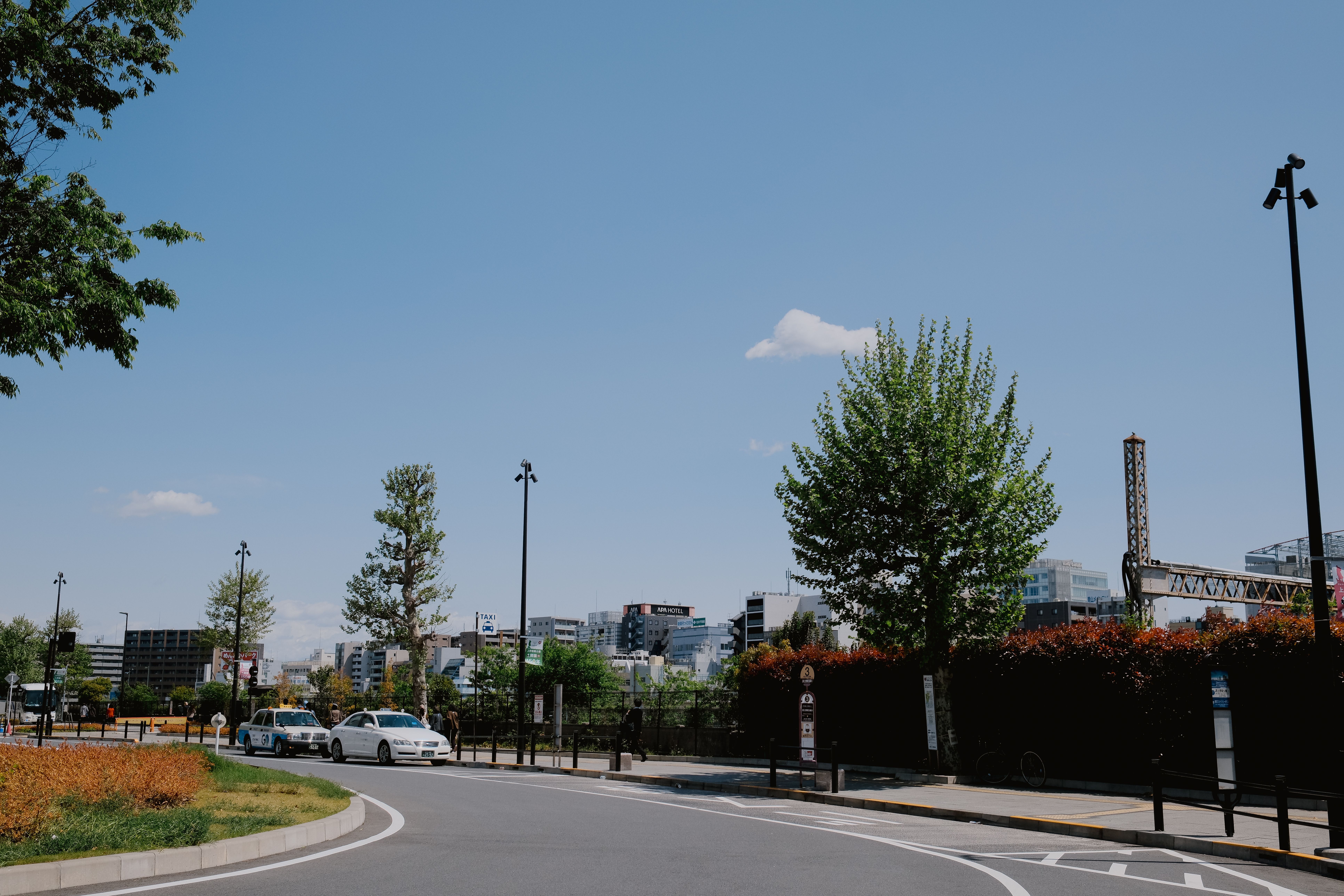 A vibrant urban scene featuring a sunlit city street with greenery and a clear blue sky.