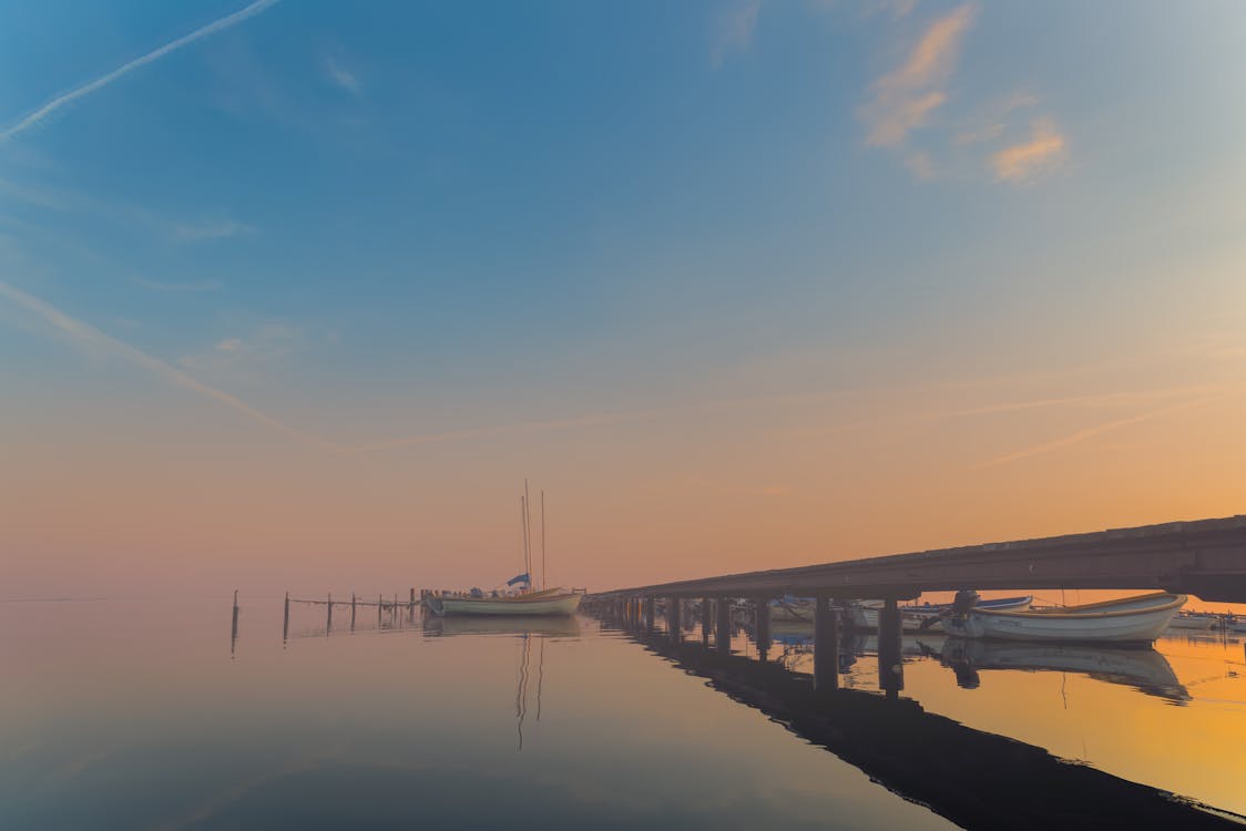 Motorboats Moored on Shore at Sunset