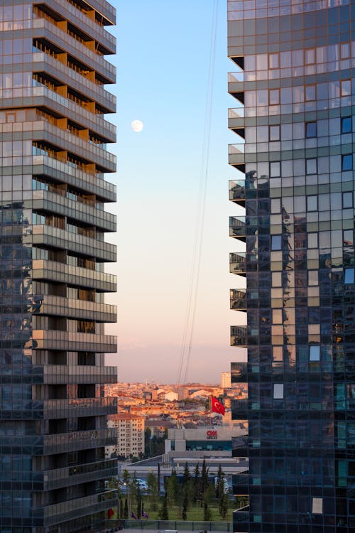 Modern Skyscrapers with Glass Facade at Sunset 