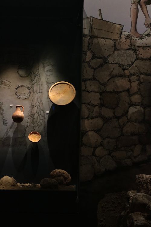 Free Showcase of ancient pottery and artifacts in a dimly lit museum setting. Stock Photo
