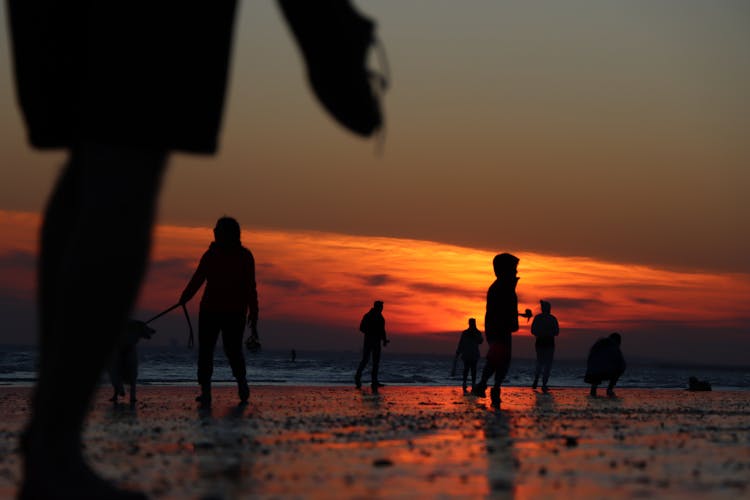 Silhouette Of People On Beach At Sunset