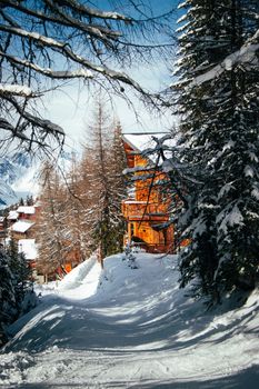 Beautiful wooden cabin surrounded by snow-covered trees and mountains in a winter landscape.
