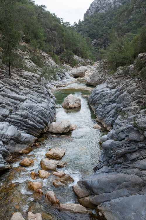 Free Beautiful stream in a rocky gorge surrounded by lush forest in Kemer, Antalya. Stock Photo
