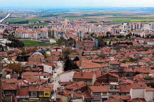Aerial view of Eskişehir showcasing traditional and modern architecture under a clear sky.