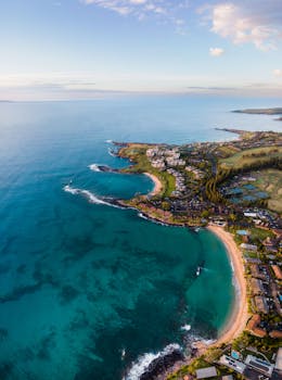 Photo by Griffin Wooldridge Breathtaking aerial view of Lahaina's coastline showcasing clear water and lush greenery.