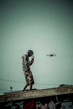A stylish man in streetwear interacts with a drone against Nairobi's urban backdrop.