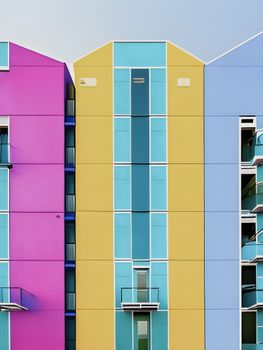 Vibrant modern residential building facades in pink, yellow, and blue tones.