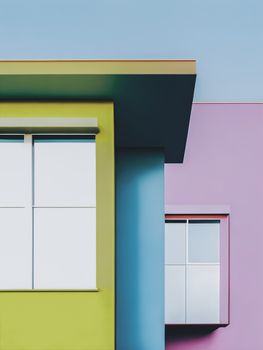 Vibrant facade featuring pink, green, and blue tones in a modern architectural style.