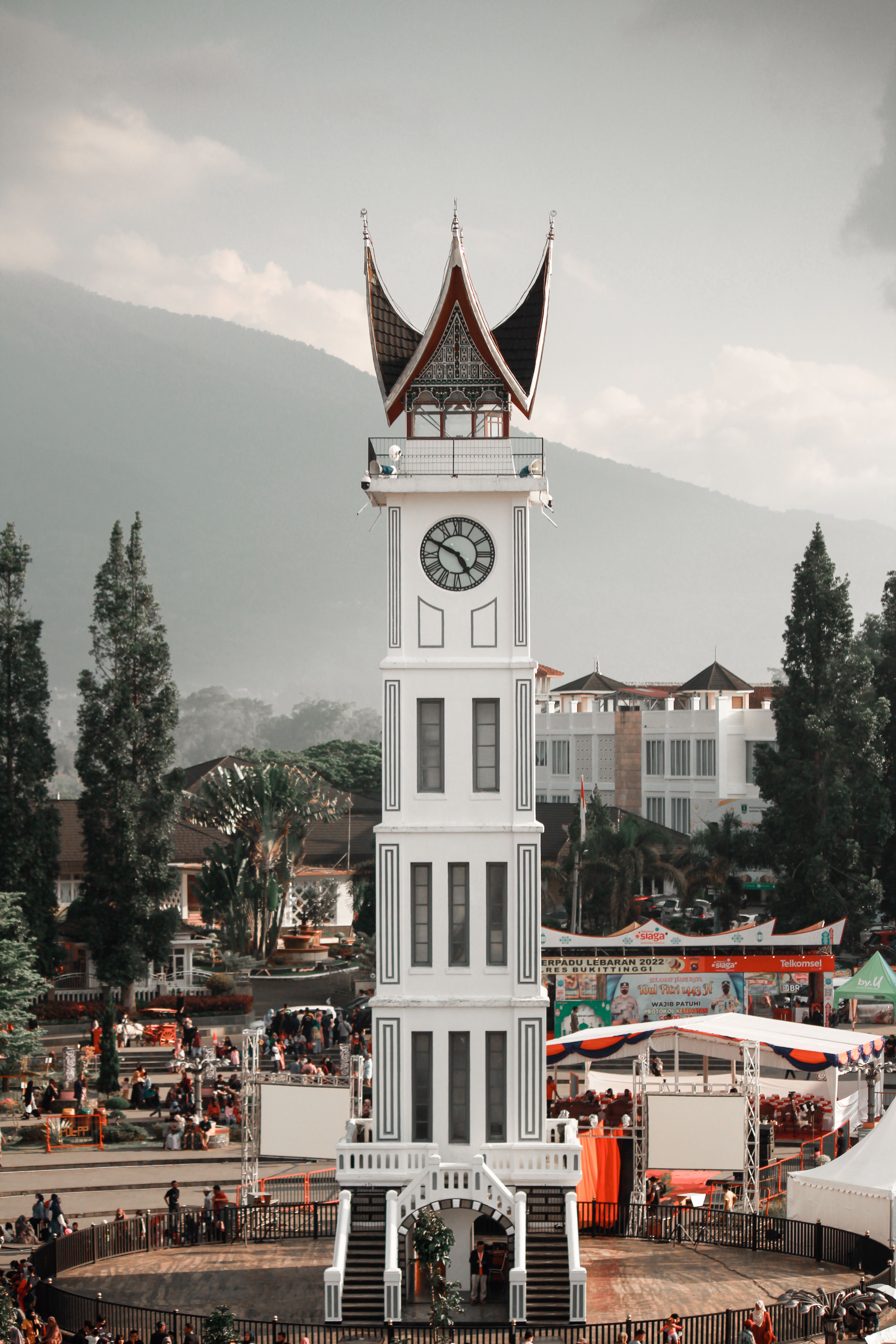 Stunning view of Jam Gadang clock tower, a landmark in Bukittinggi, Indonesia.