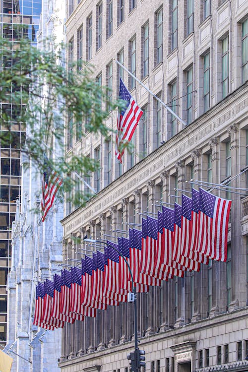 American Flags on the Exterior of a Manhattan Building, New York City, New York, United States
