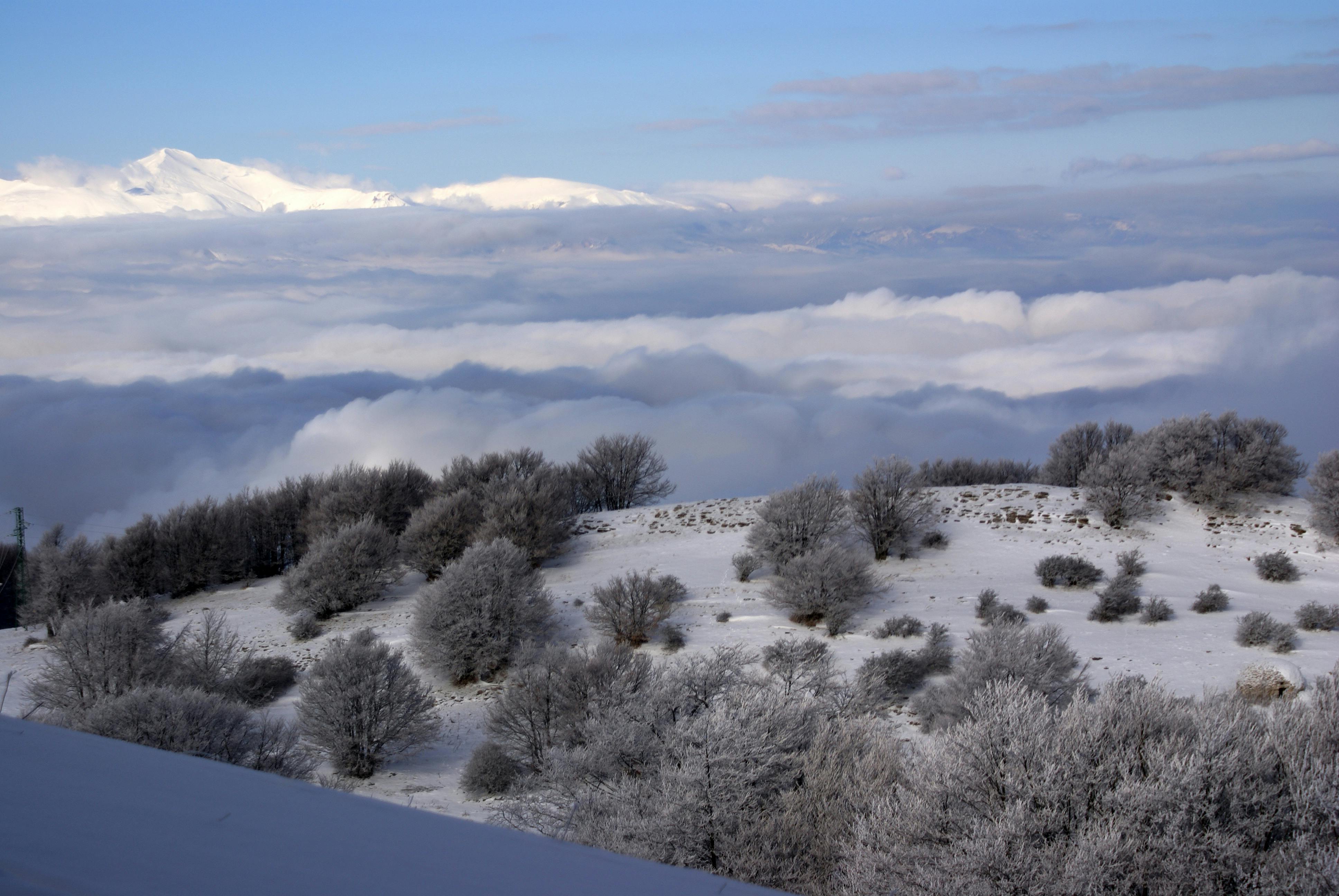 a snowy hillside with a mountain in the background