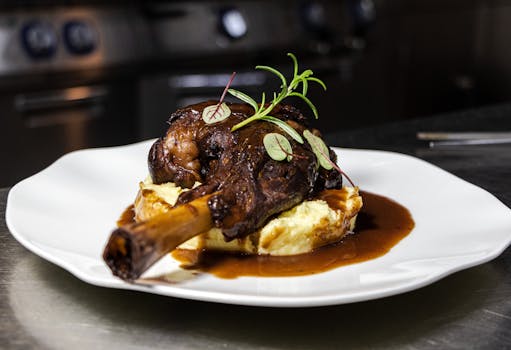 Delicious roasted lamb shanks served on creamy mashed potatoes with rich gravy.