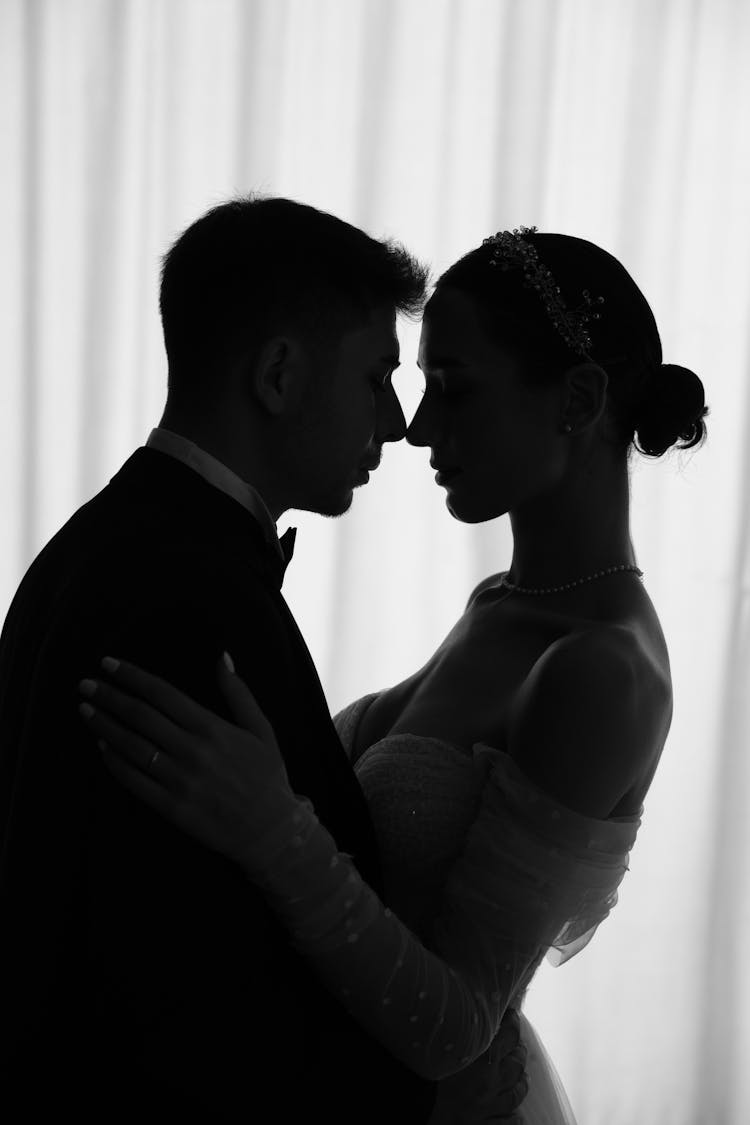 Silhouette Of Bride And Groom Standing Face To Face And Embracing 