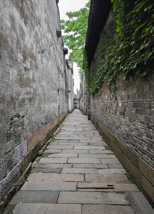 Free Stone-paved narrow alley with ivy-covered walls in Jiaxing, China. Stock Photo