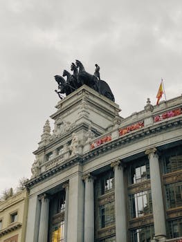 Neoclassical facade with quadriga sculpture in Madrid, Spain, showcasing architectural elegance.