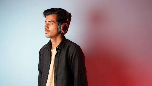 Stylish young man enjoying music with headphones against a colorful background.