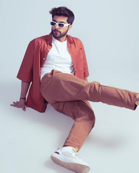 Fashionable man in red attire posing on white background. Studio shoot.