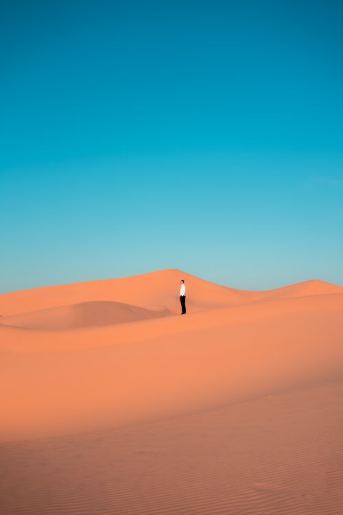 Free A lone person stands amidst the vast dunes of Ouargla, Algeria, under a vibrant blue sky. Stock Photo