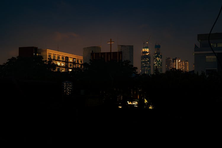 SKyline With Illuminated Skyscrapers In Guiyang, China At Night 