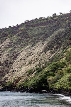 Dramatic view of cliffs at Kealakekua Bay, Hawaii, with lush greenery and ocean waters.