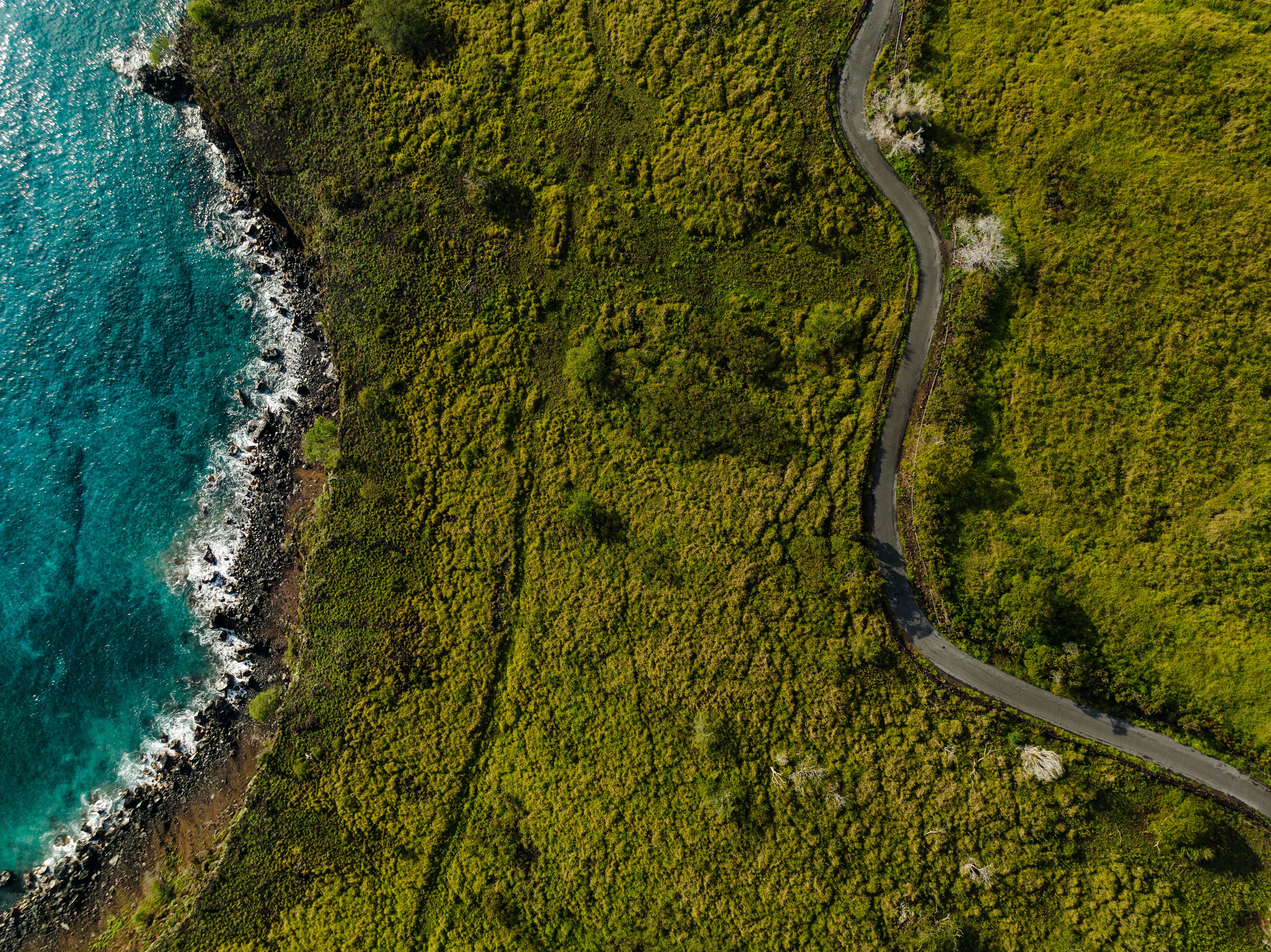 Aerial view of Honaunau-Napoopoo coast with clear blue waters and winding road