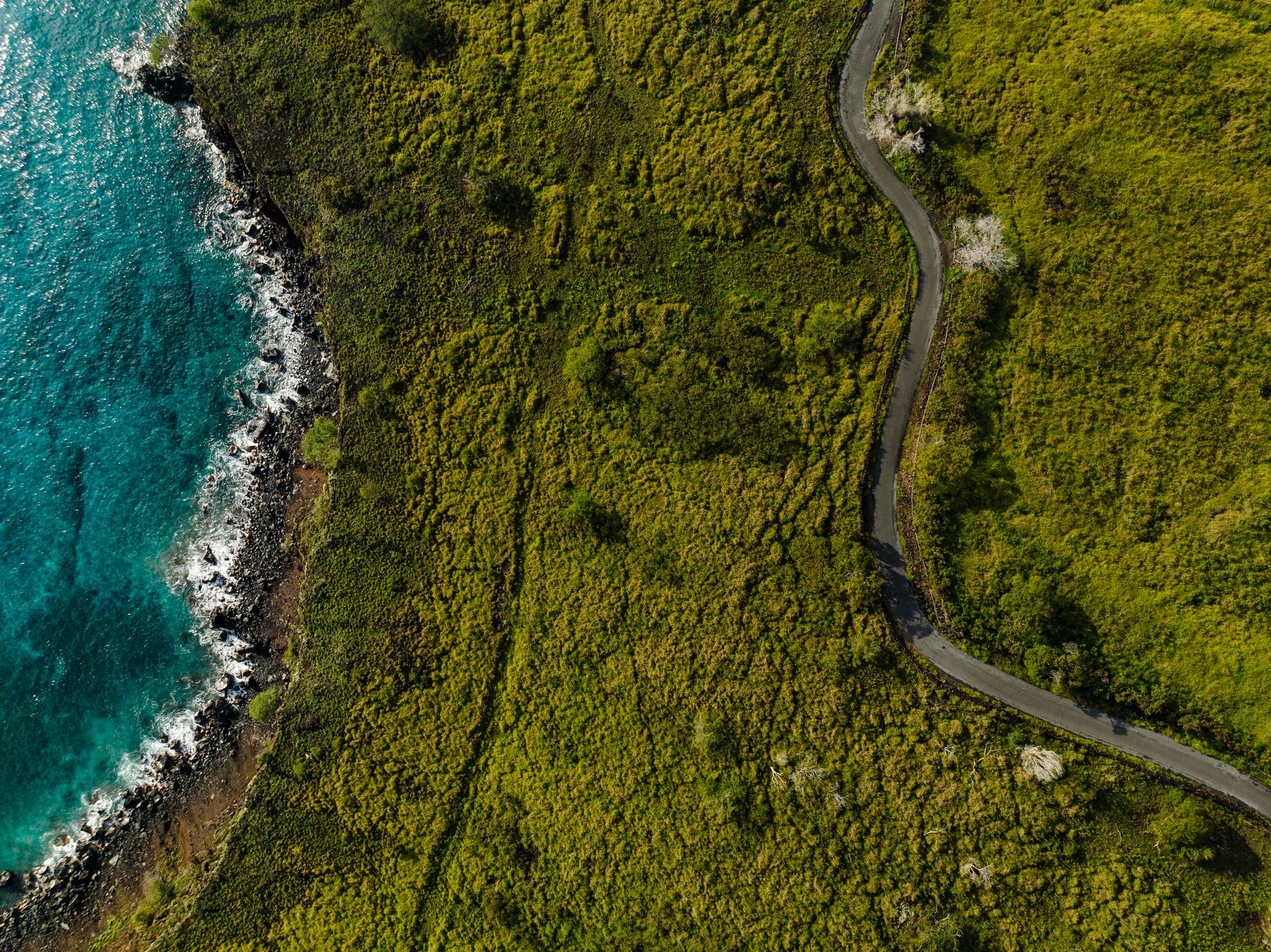 Aerial view of Honaunau-Napoopoo coast with clear blue waters and winding road