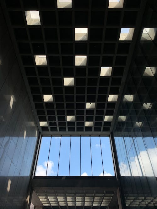 Low Angle Shot of a Ceiling and Wall in a Modern Building 