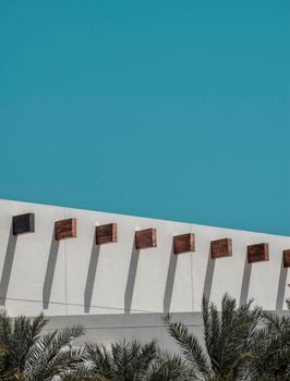 Modern building facade with palm trees under a clear blue sky. Minimalist architecture highlighted.