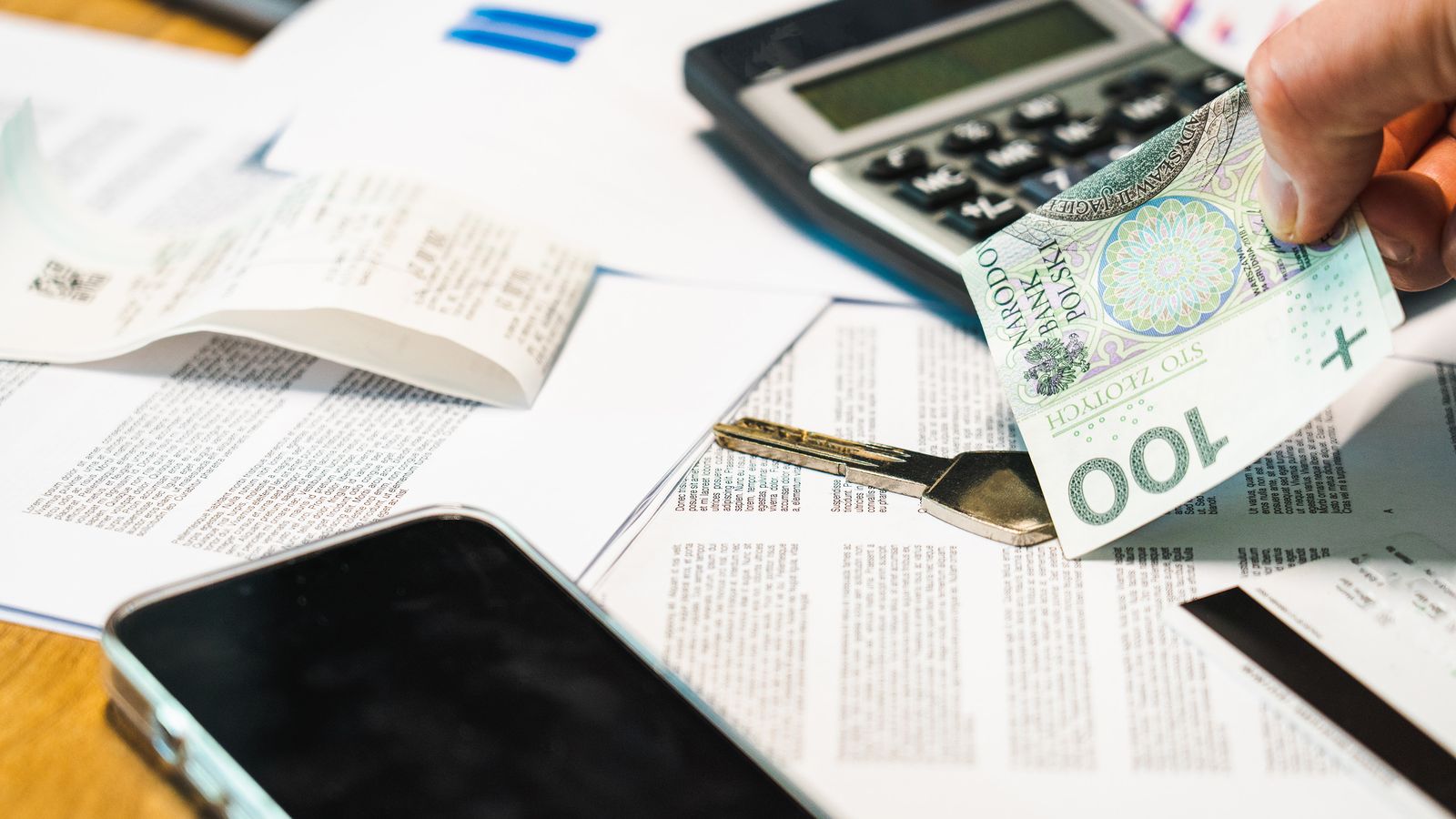 Documentos financieros, calculadora, dinero y smartphone