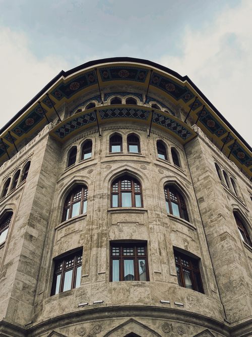 Free Upward view of the historic Vakif Han facade in Istanbul, showcasing ornate architectural details. Stock Photo
