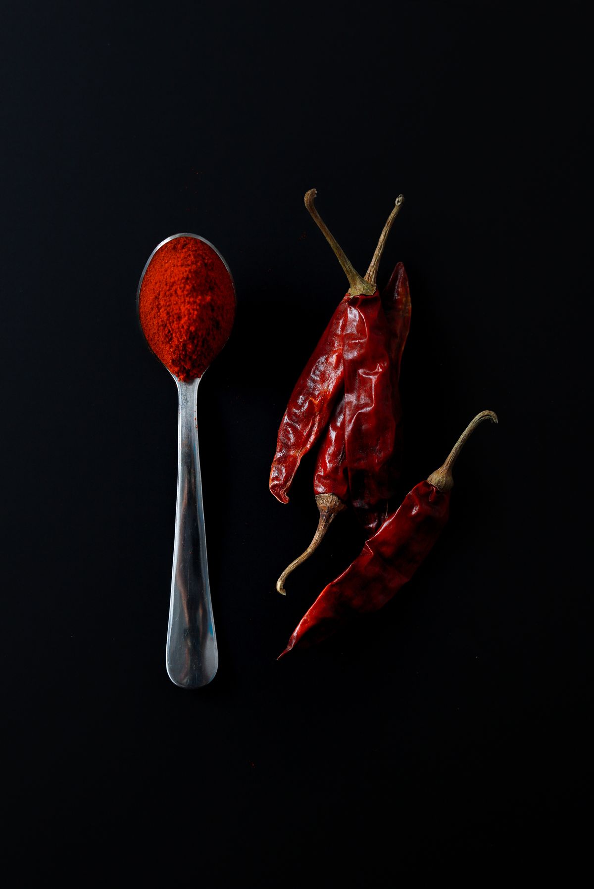 Dried chili peppers and chili powder on a spoon, a core building block of many African spice blends