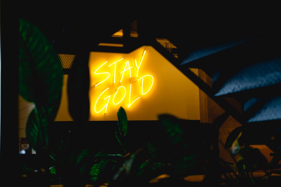 Bright neon sign with 'Stay Gold' message glowing in a dark room, surrounded by leaves.