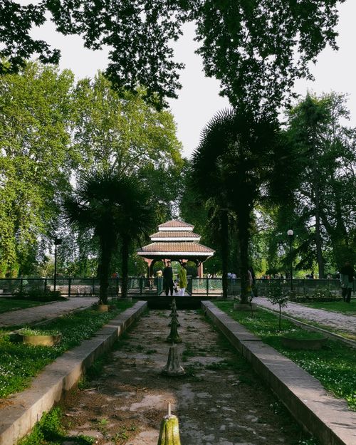 Free Tranquil garden scene with lush greenery and a central pavilion, perfect for relaxation. Stock Photo
