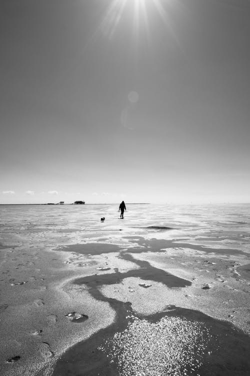 Man Walking on Glacier in Black and White 