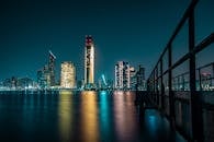 夜晚，阿布扎比的天际线令人惊叹，城市灯光映照在平静的海滨