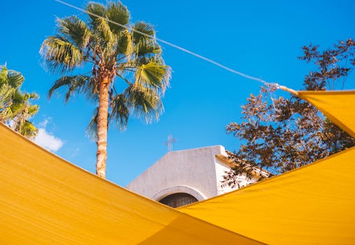 户外场景充满活力，以教堂立面、棕榈树和亮黄色织物为特色，映衬着清澈的蓝天