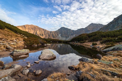 Free Rocky Mountain Viewing Lake over White Cumulus Clouds Stock Photo