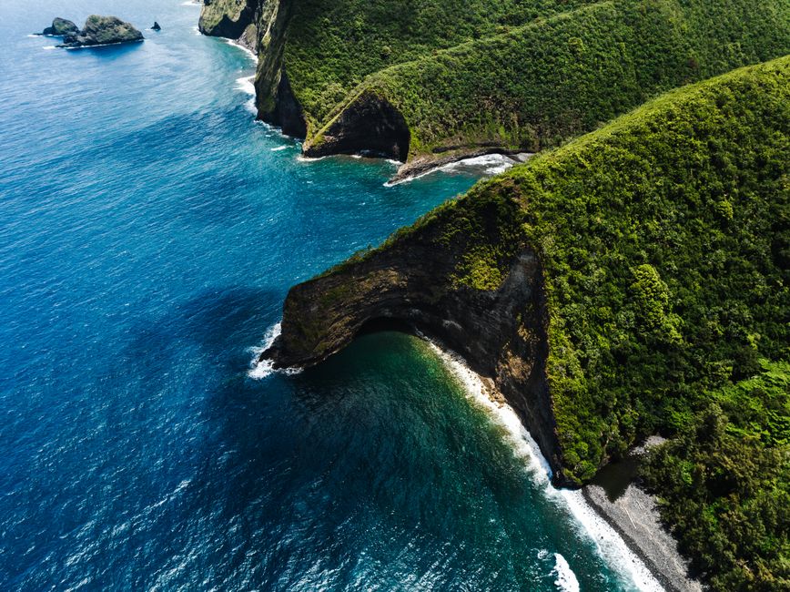 Incredible Gyroplane Flight Experience Over Kona Review: The Most Unique Way to See Hawaii's Big Island Review 2026 - Stunning aerial photo of lush green cliffs meeting the blue ocean along the coastline of Hawai'i.